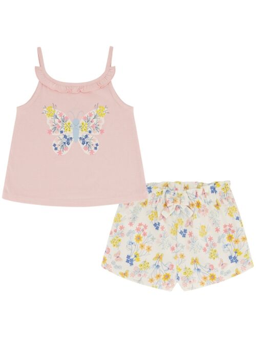 KIDS HEADQUARTERS Little Girls Butterfly Floral Top and Floral Ruffle Trim Terry Shorts Set, 2 Piece