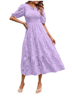 Women's 2023 Summer Puff Sleeve Smocked Floral Dress Crewneck Lace Flowy Tiered Midi Dresses