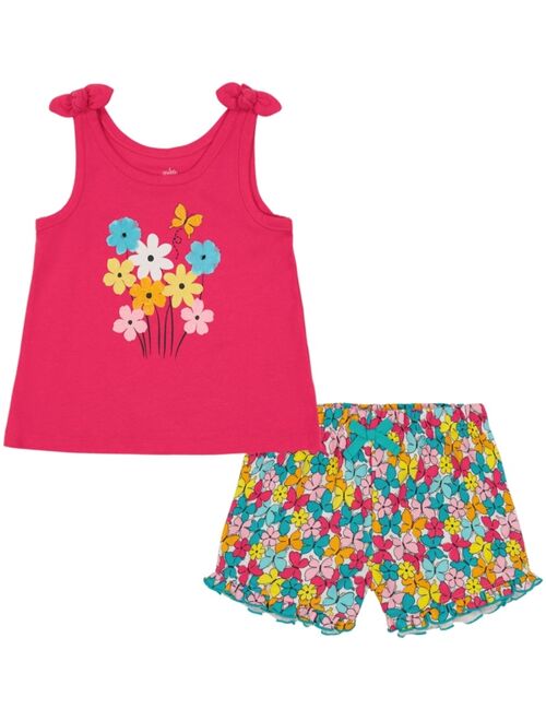 KIDS HEADQUARTERS Little Girls Twist-Tie Straps Top and Floral Ruffle Trim Terry Shorts Set, 2 Piece