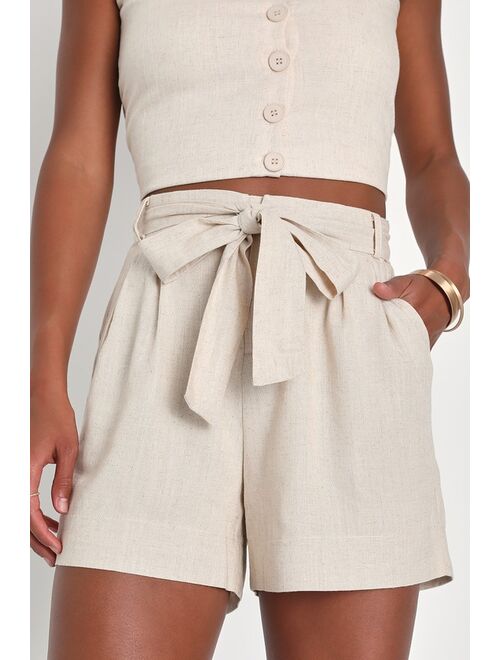 Lulus Venice Breeze Beige Linen Belted Paperbag Waist Shorts