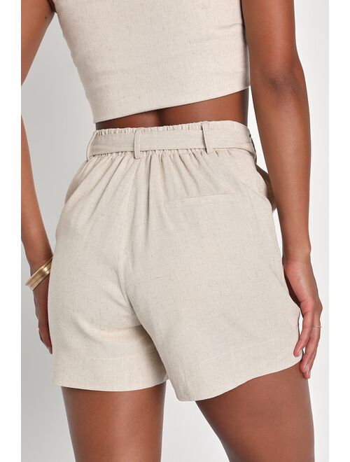 Lulus Venice Breeze Beige Linen Belted Paperbag Waist Shorts