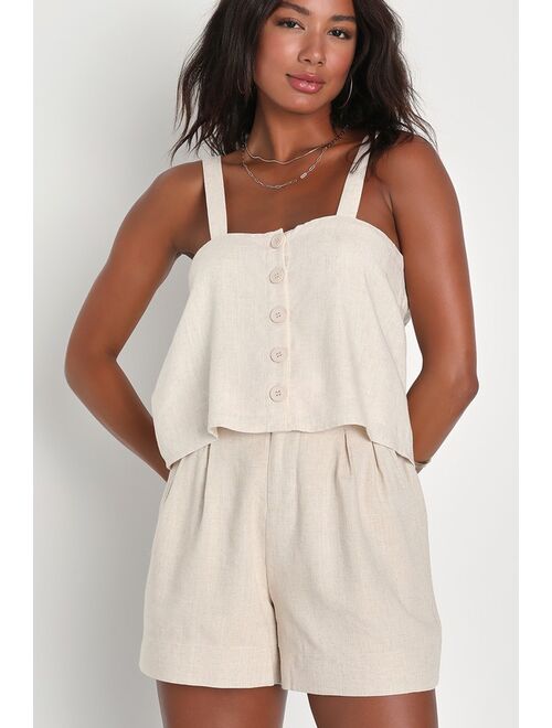 Lulus Venice Breeze Beige Linen Belted Paperbag Waist Shorts