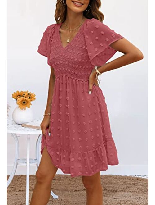 TECREW Womens Smocked Short Sleeve V Neck Mini Dress Summer Swiss Dot Flowy Short Dress