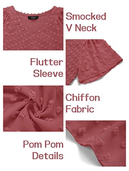 TECREW Womens Smocked Short Sleeve V Neck Mini Dress Summer Swiss Dot Flowy Short Dress