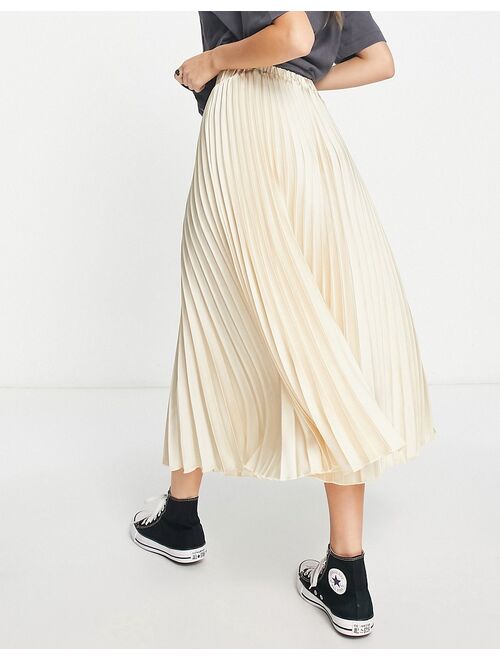 New Look plisse pleated satin midi skirt in champagne