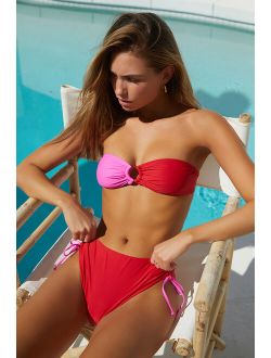 Time to Tan Red and Pink Color Block Bandeau Bikini Top