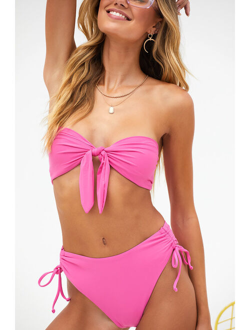 Lulus Time To Tan Hot Pink Tie-Front Bandeau Bikini Top