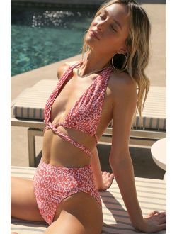 Gone Coastal Pink Floral Print Crisscross Wrap Bikini Top