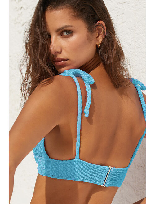 Lulus Santorini Summer Teal Blue Crinkle Tie-Strap Triangle Bikini Top