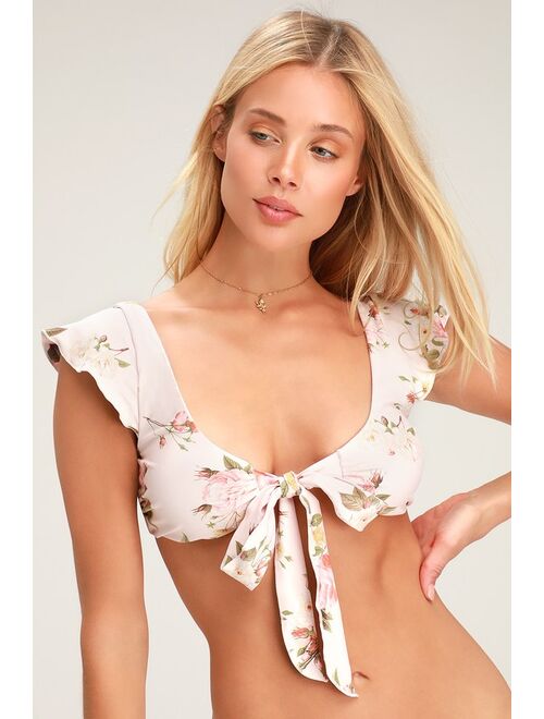Lulus Power 2 the Flower Raquel Blush Floral Print Tie-Front Bikini Top