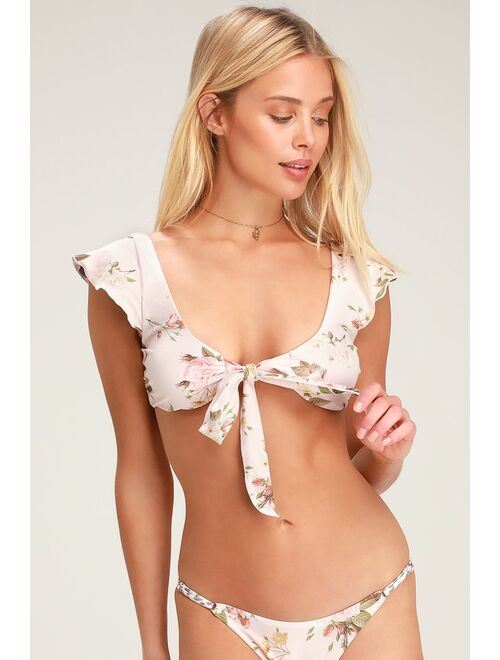 Lulus Power 2 the Flower Raquel Blush Floral Print Tie-Front Bikini Top