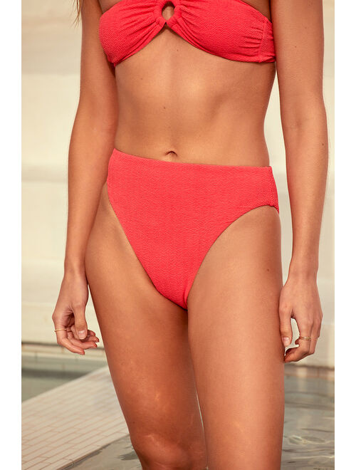 Lulus Waves For Days Coral Red Crinkled High-Waisted Bikini Bottoms