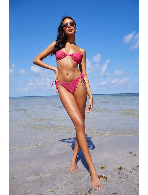 Lulus Glimmering Tides Hot Pink Sparkly Side-Tie Bikini Bottoms