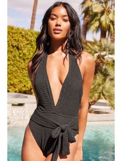 Sunny Day Babe Black Crinkle Halter One-Piece Swimsuit