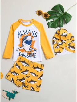 Toddler Boys Shark Print Beach Swimsuit With Swim Cap