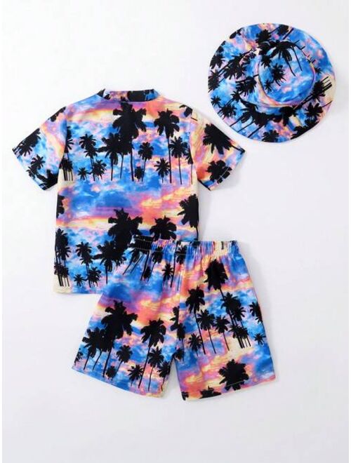 Toddler Boys Tropical Print Kimono Swim Shorts Swim Cap