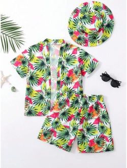 Toddler Boys Tropical Print Kimono Beach Shorts Hat