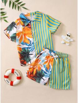 Toddler Boys Tropical Print Button Front Beach Swimsuit