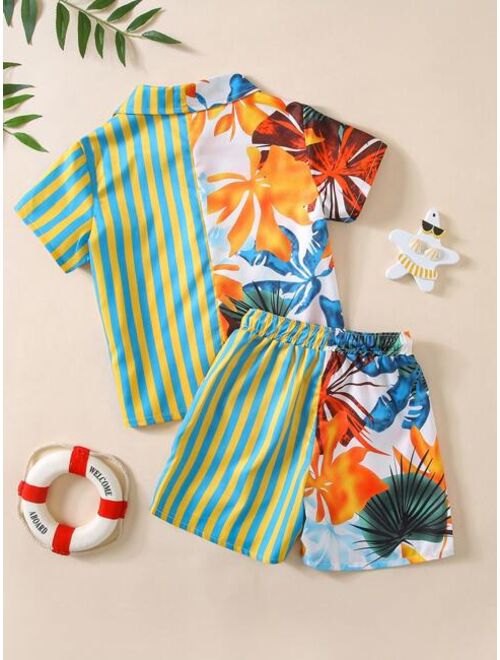 Toddler Boys Tropical Print Button Front Beach Swimsuit