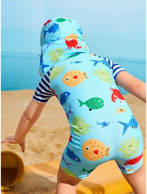 Toddler Boys Cartoon Graphic Zip Front One Piece Swimsuit With Swim Cap