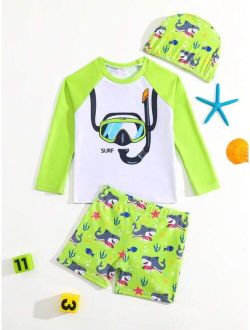 Toddler Boys Cartoon Graphic Beach Swimsuit With Swim Cap
