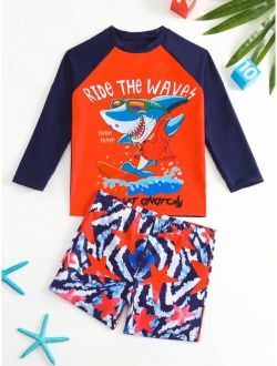 Toddler Boys Shark Letter Graphic High Neck Beach Swimsuit