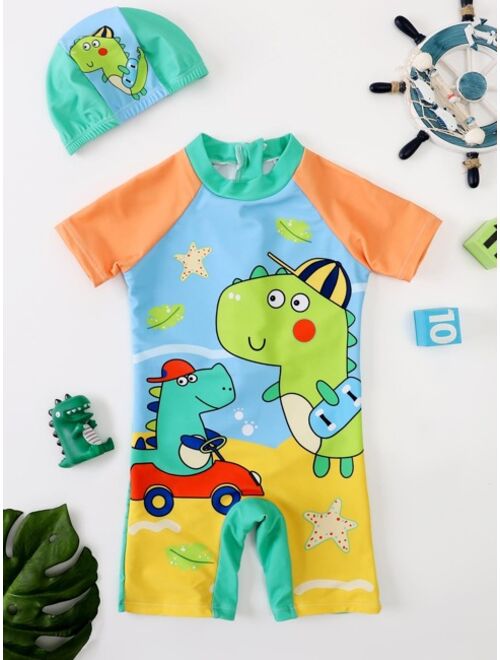 Toddler Boys Dinosaur Print One Piece Swimsuit With Swim Cap