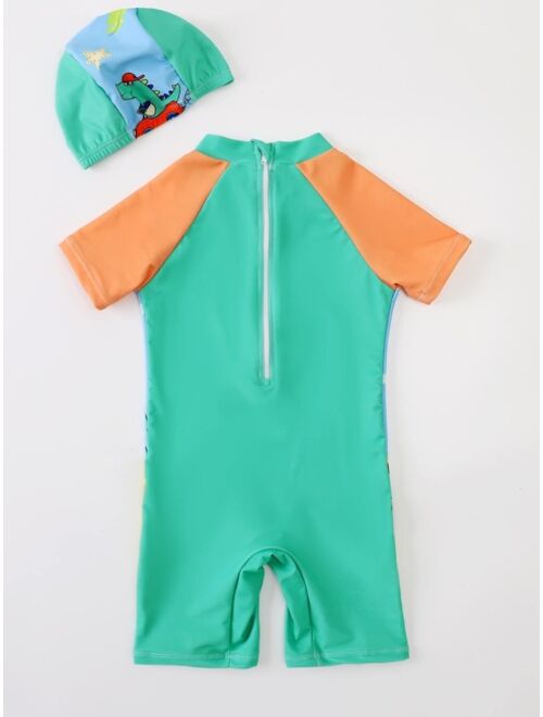 Toddler Boys Dinosaur Print One Piece Swimsuit With Swim Cap