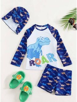 Toddler Boys Dinosaur Print Beach Swimsuit With Swim Cap