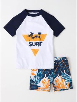 Toddler Boys Random Tropical Print Raglan Sleeve Swimsuit