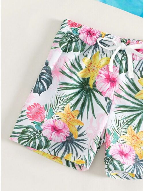 Toddler Boys Tropical Print Drawstring Waist Swim Shorts