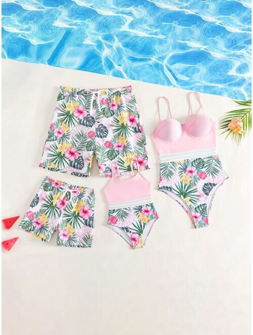 Toddler Boys Tropical Print Drawstring Waist Swim Shorts