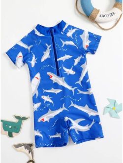 Toddler Boys Shark Print Zipper Back One Piece Swimsuit