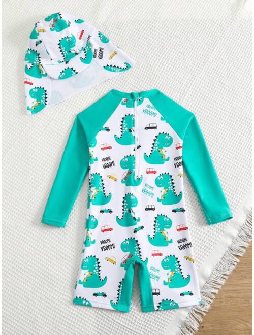 Toddler Boys Zipper Closure Dinosaur Printed One piece Swimwear With Sun Hat
