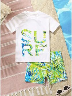 Toddler Boys 1set Random Tropical Letter Graphic High Neck Beach Swimsuit