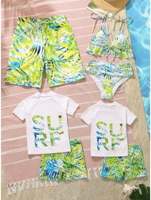Toddler Boys 1set Random Tropical Letter Graphic High Neck Beach Swimsuit