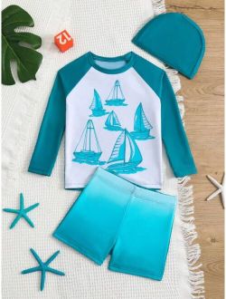 Toddler Boys Sailboat Print Beach Swimsuit With Swim Cap