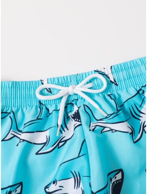 Toddler Boys Shark Print Swim Shorts With Swim Cap