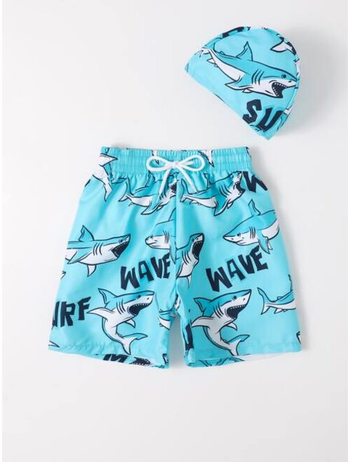Toddler Boys Shark Print Swim Shorts With Swim Cap