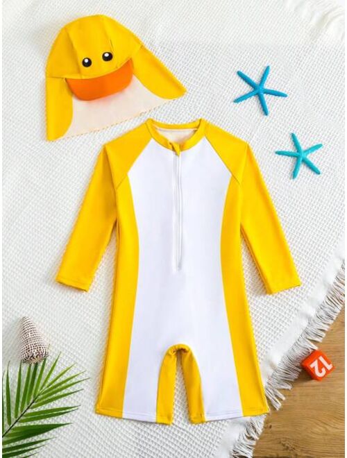 Toddler Boys Zippered One piece Swimwear With Cute Duck Print And Sun Protection Cap