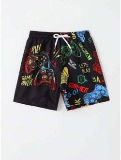 Toddler Boys Gamepad Print Drawstring Waist Swim Trunks