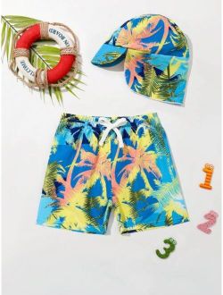 Toddler Boys Tropical Print Swim Shorts With Cap