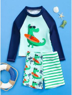 Toddler Boys Striped Dinosaur Print Beach Swimsuit