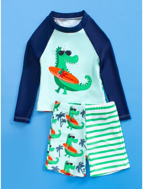 Toddler Boys Striped Dinosaur Print Beach Swimsuit