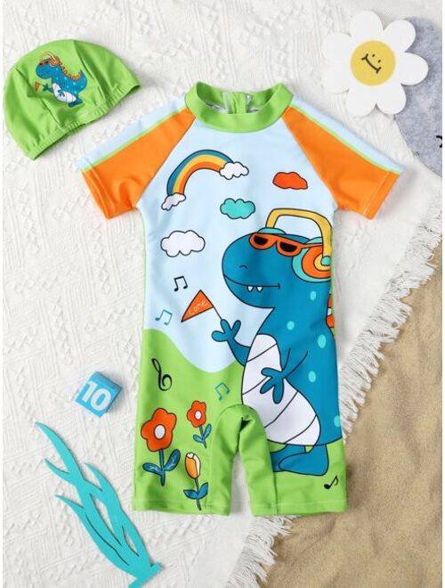 Toddler Boys Dinosaur Print One Piece Swimsuit With Cap