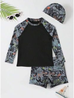 Toddler Boys Letter Graphic Beach Swimsuit With Swim Cap