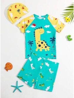 Toddler Boys Cartoon Dinosaur Swimsuit With Swim Cap