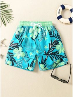Toddler Boys Tropical Print Drawstring Waist Swim Shorts