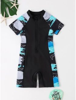 Toddler Boys Cartoon Graphic Zipper Front One Piece Swimsuit