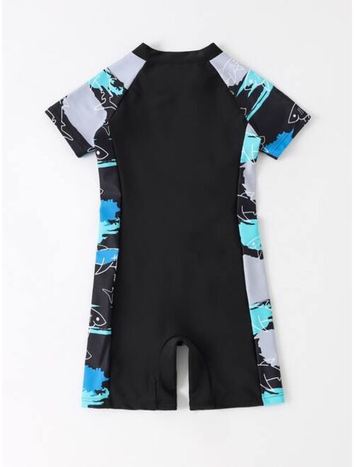Toddler Boys Cartoon Graphic Zipper Front One Piece Swimsuit